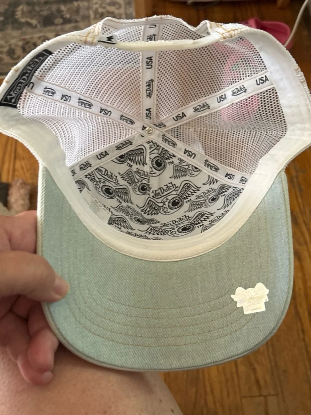 Von Dutch Cream Hat with Turquoise Rhinestone Logo
